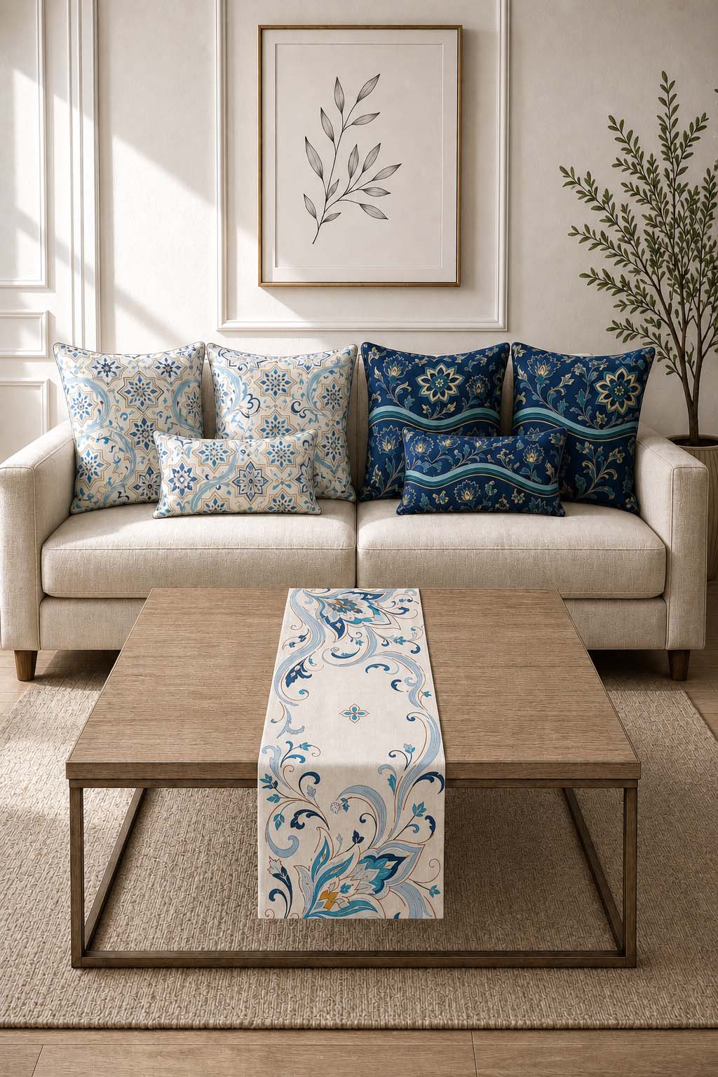 Blue Heritage Cushion Covers & Table Runner Gift Set – 7 Pieces