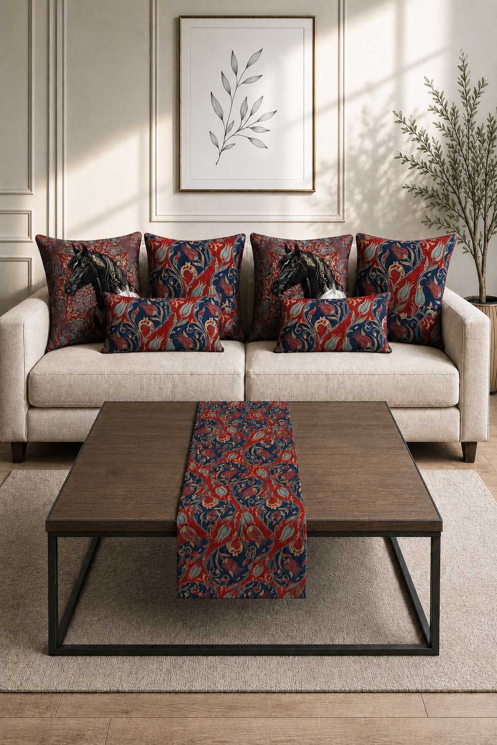 Black & White Horse with Iznik Motifs Cushion Covers & Table Runner Gift Set – 7 Pieces