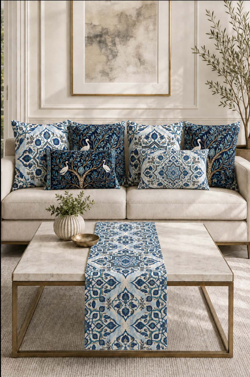 Olive & Iznik Cushion Covers & Table Runner Gift Set – 7 Pieces