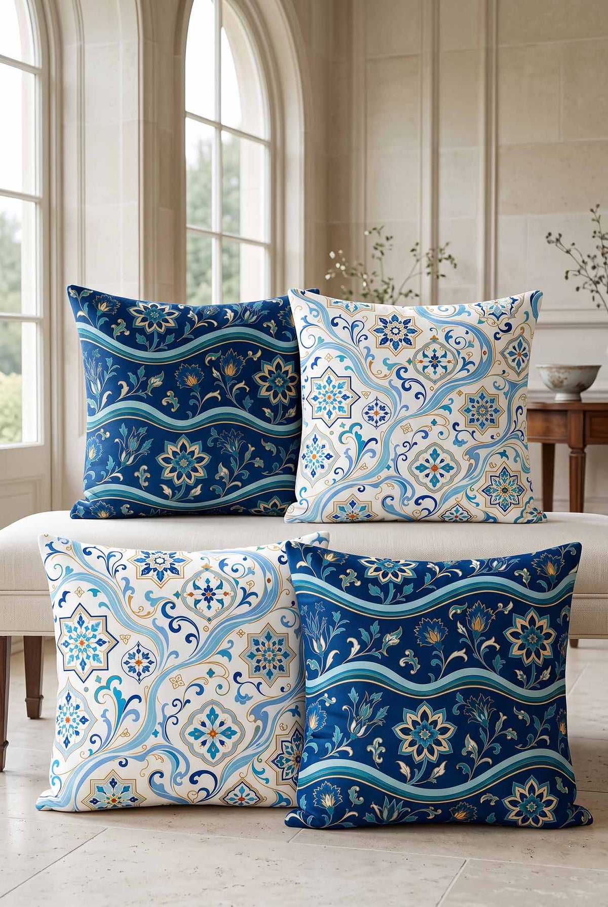 Blue Heritage Cushion Covers & Table Runner Gift Set – 7 Pieces