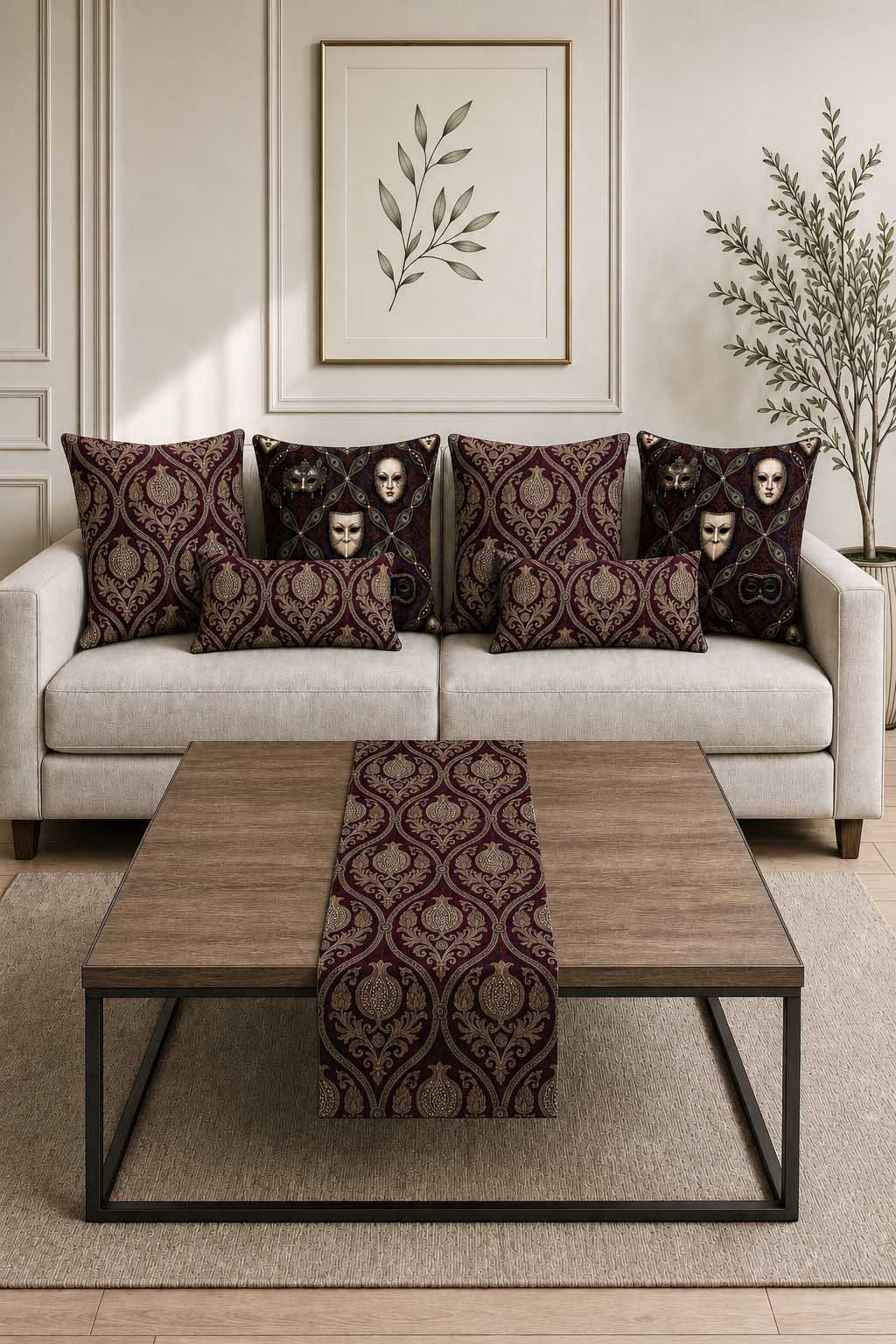 Venetian Masquerade & Damask Cushion Covers & Table Runner Gift Set – 7 Pieces